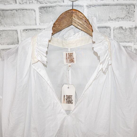 A SHIRT THING Penelope Cabo Shirt ruffle neck in white iceberg Women's Sz P S - Picture 5 of 11